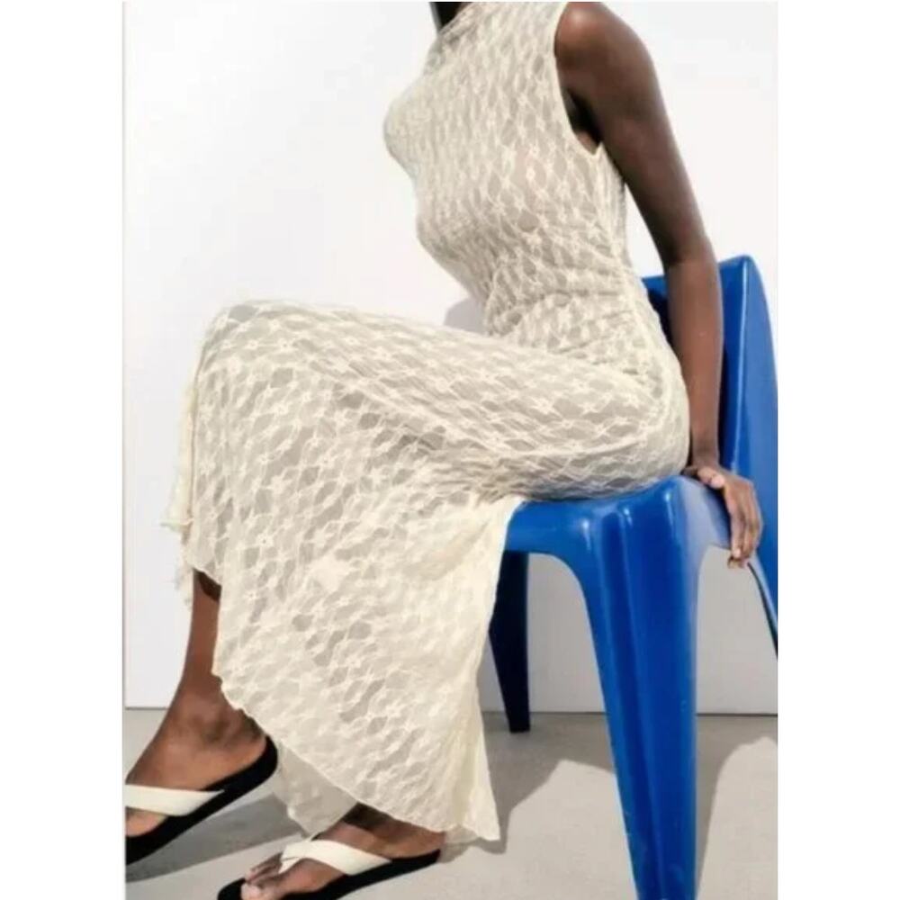 Zara Long Asymmetric Lace Dress Ivory 4813/303 Size S - Picture 3 of 12